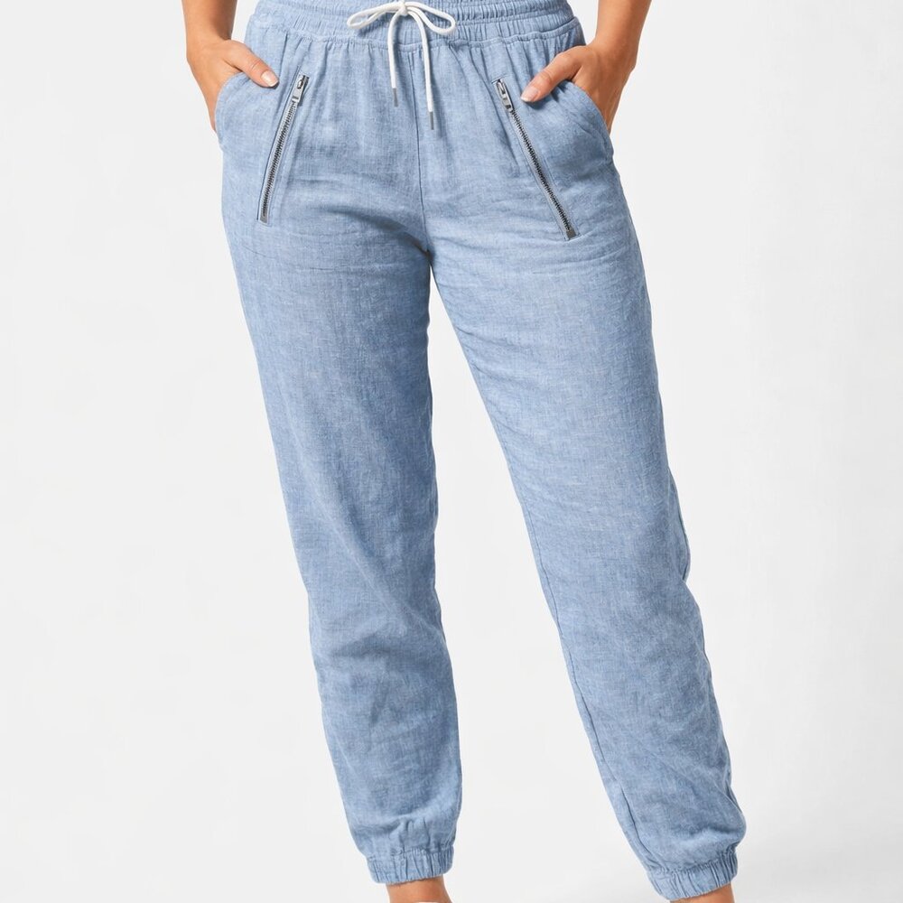 Athleta 100% Linen Pants Women’s Size 8 Blue Drawstring Jogger Lightweight